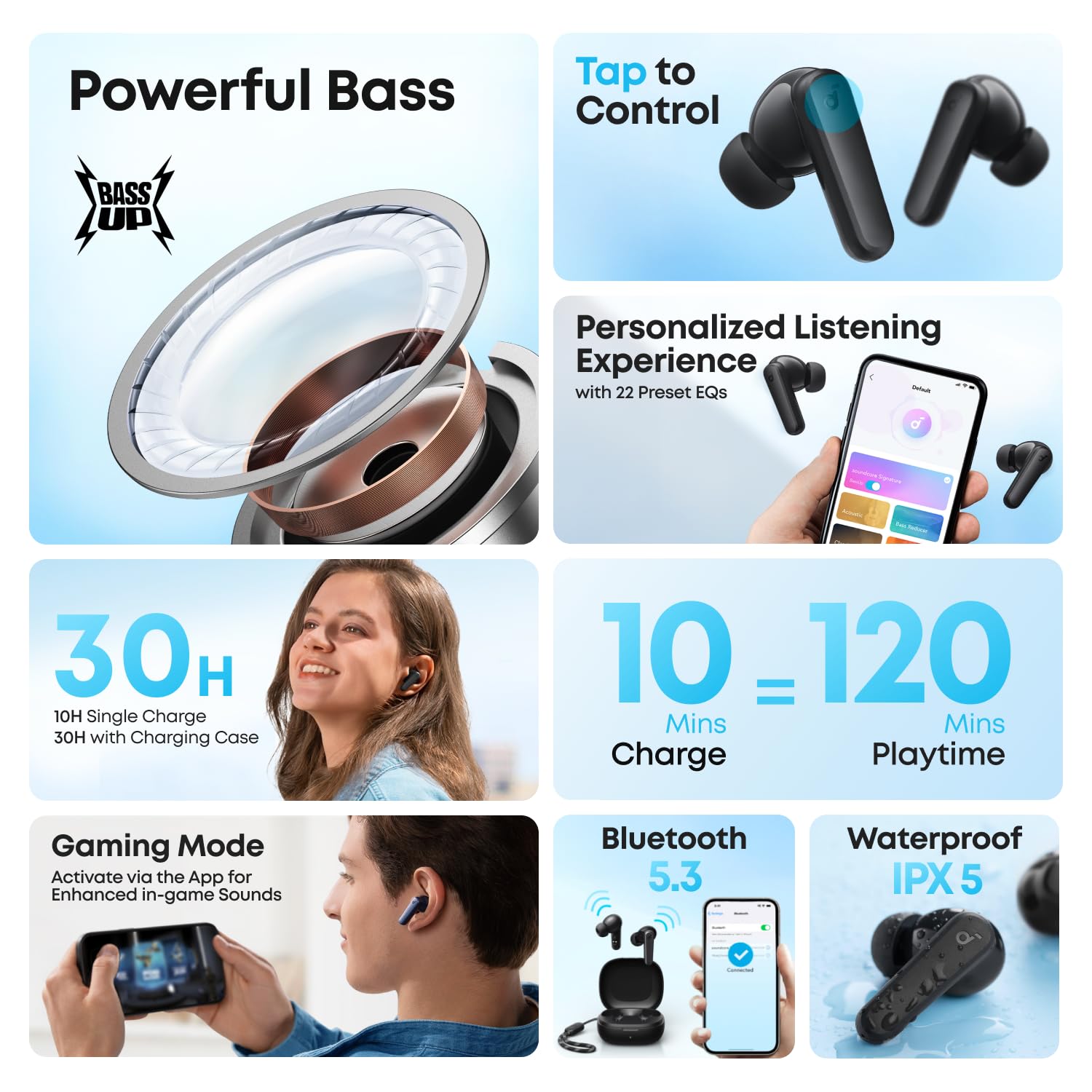 سماعات الأذن اللاسلكية بالكامل Anker Soundcore R50i المزودة بمكبرات صوت قطرها 10 ملم والتحكم باللمس