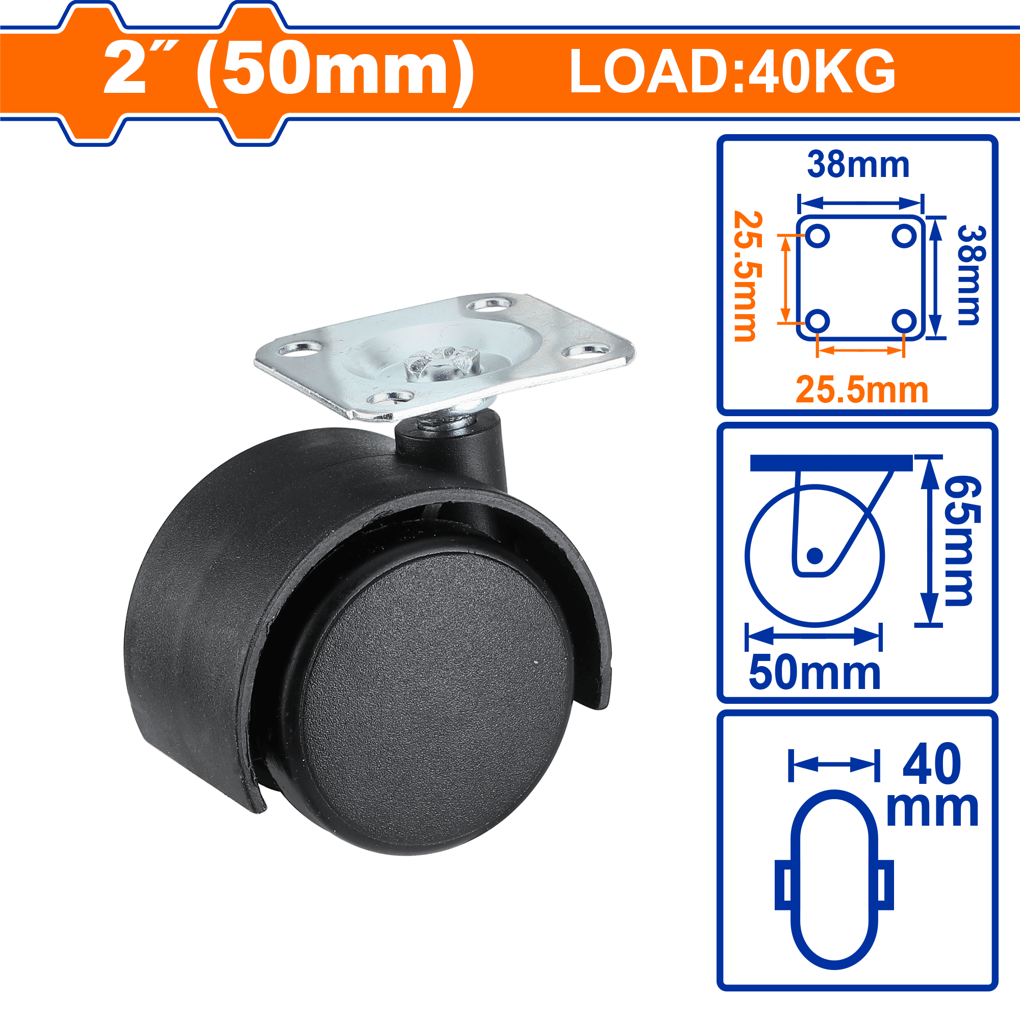 عجلات نايلون WADFOW، مادة PA شديدة التحمل، خيارات تركيب متعددة، مع/بدون فرامل