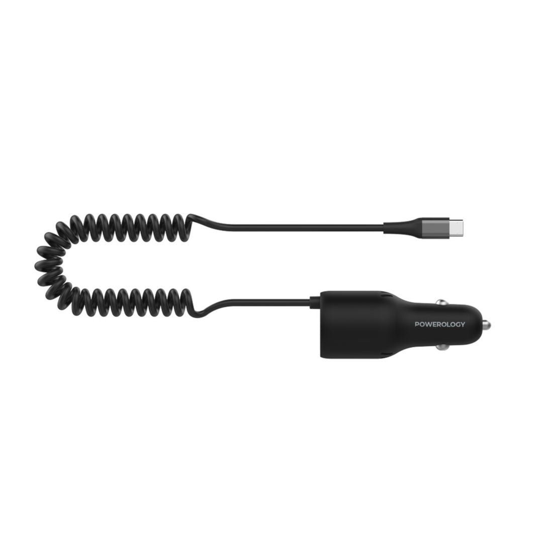 Powerology PD45W+QC18W+Type C, Cable 35W LED Dual Ports Car Charger With Coiled Cable, Black