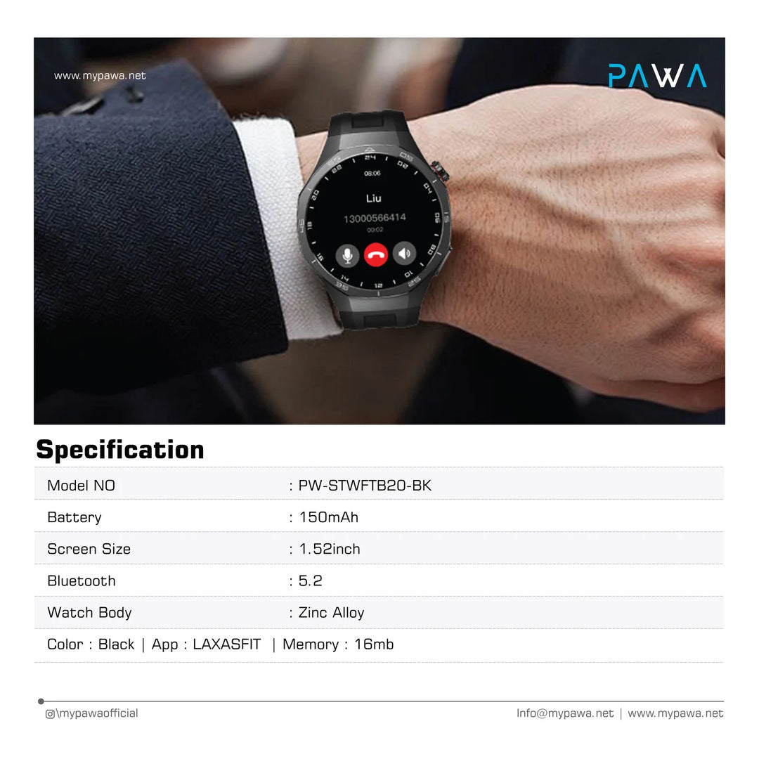 Pawa Saga 1.52inch Display Smart Watch, Black