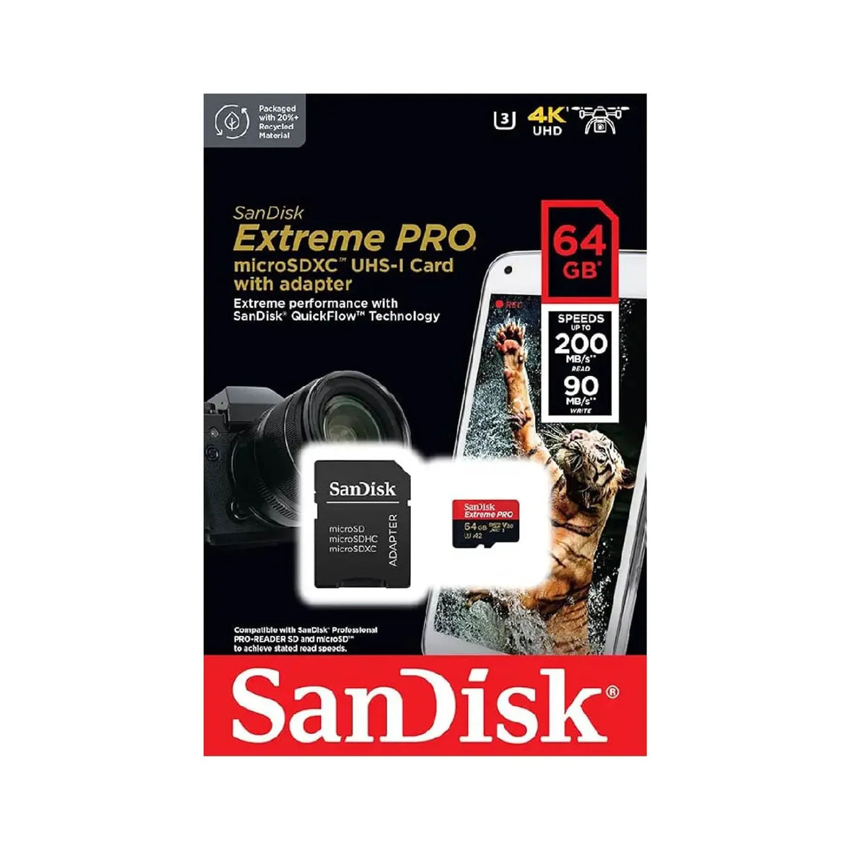SanDisk Extreme PRO 64GB microSDXC UHS-I Card with Adapter, Up to 200MB/s, V30, U3, A2, SDSQXCU-064G-GN6MA