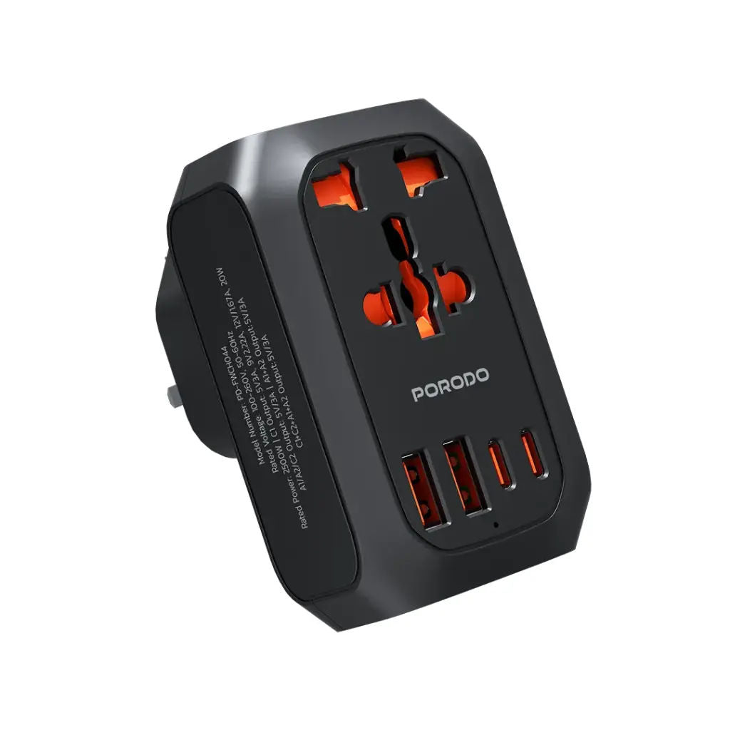 Porodo Universal AC Adapter Multi-Device Charging, 20W USB-C, 2500W Universal Socket, Black