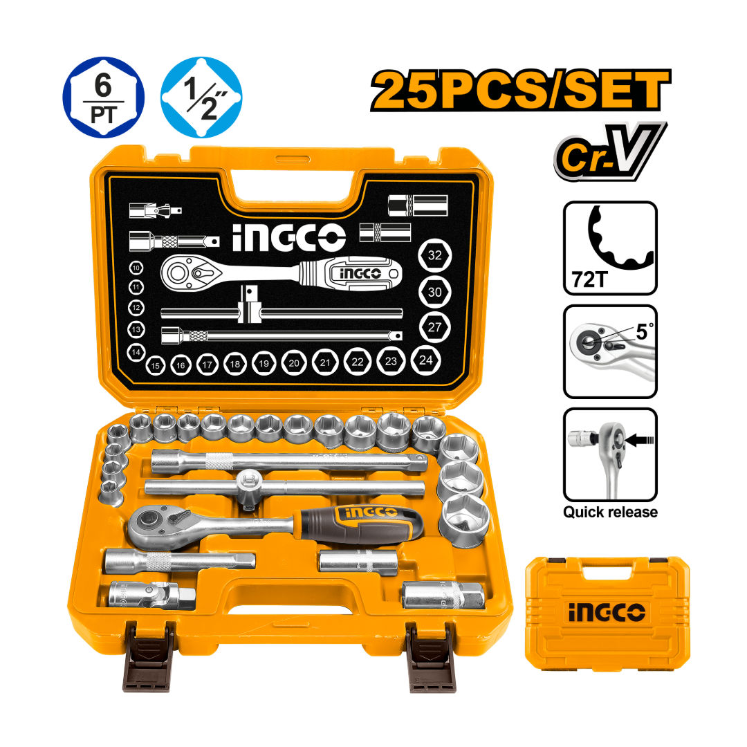 INGCO 25-Piece 1/2″ Socket Set, 72T Ratchet, Cr-V Steel, 10-32 mm Sockets, Extensions & Spark Plug Sockets, BMC
