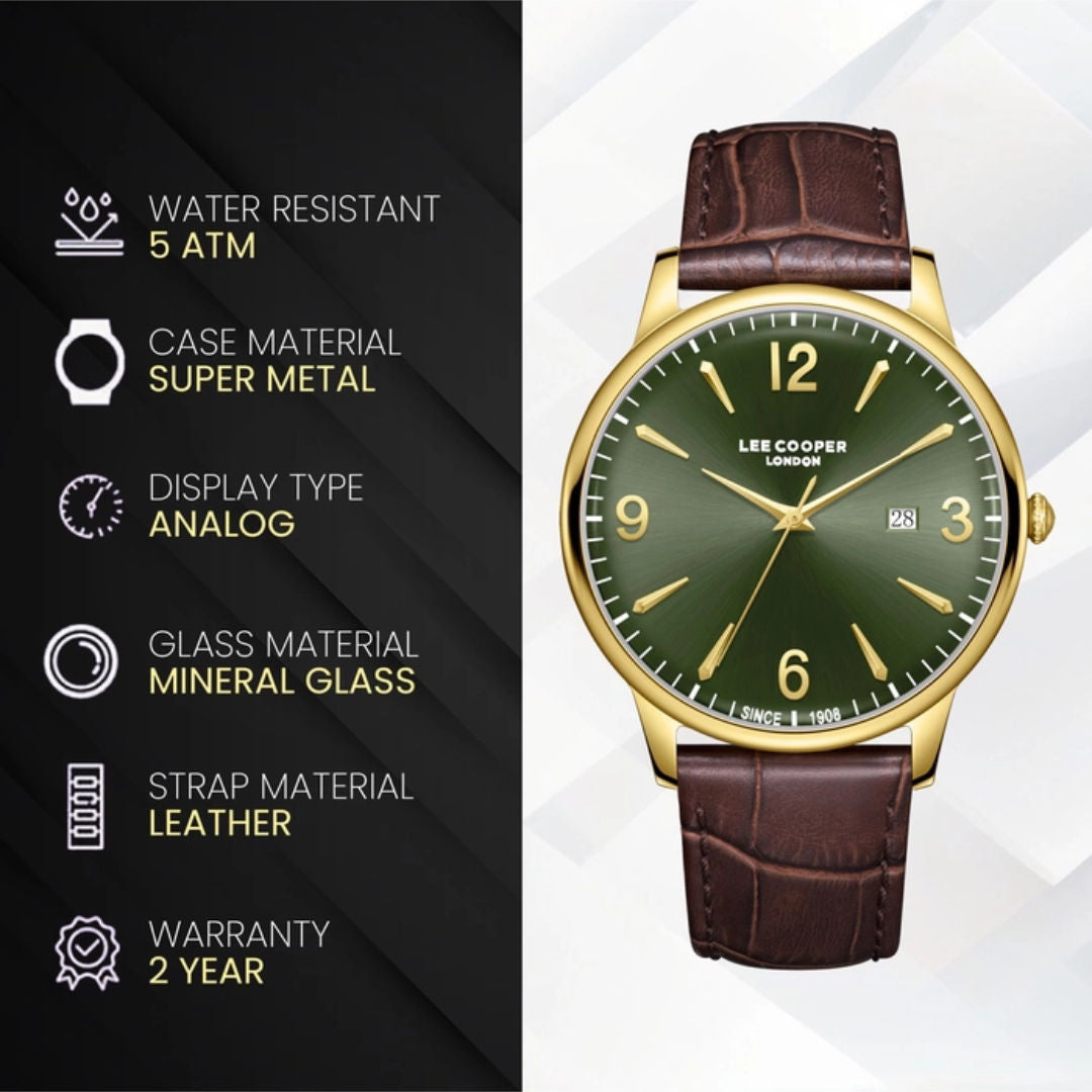 Lee Cooper Men's Green Dial Brown Leather Band Watch, LC08379.172