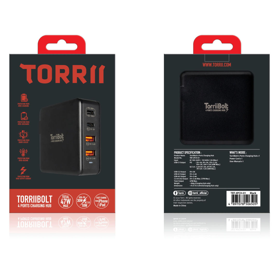 محور شحن Torrii Bolt ذو 4 منافذ مع USB-PD و QC 3.0، أسود، TBT-4PCH-01