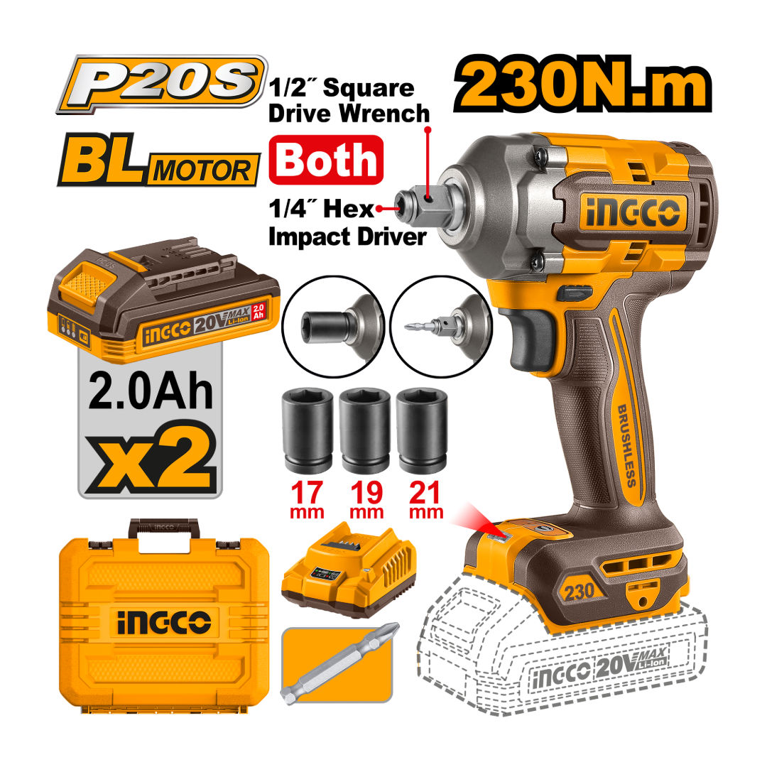 INGCO Brushless Cordless Impact Driver/Wrench, 20V