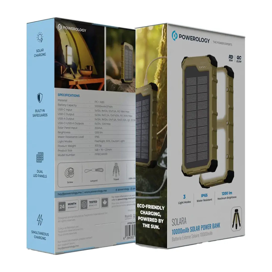 Powerology Solara 10000mAh Solar Power Bank, Khaki, Solar Charging