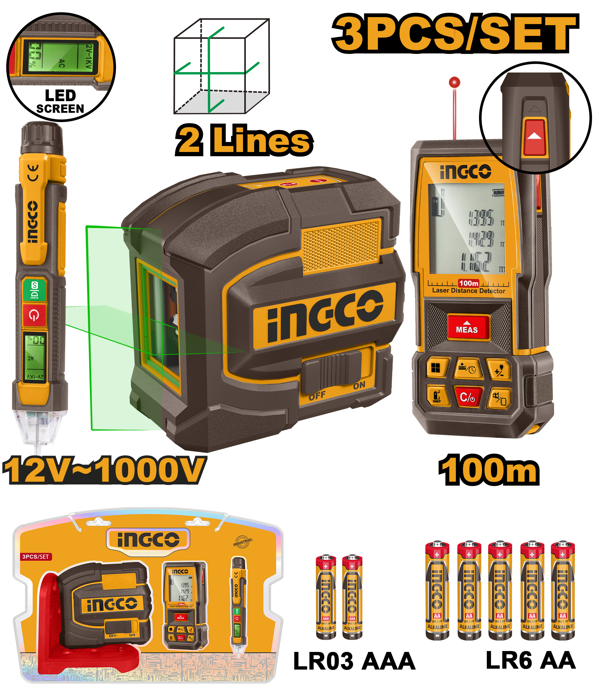 INGCO Laser Distance Meter and Level Combo Kit 100M Measuring Tool