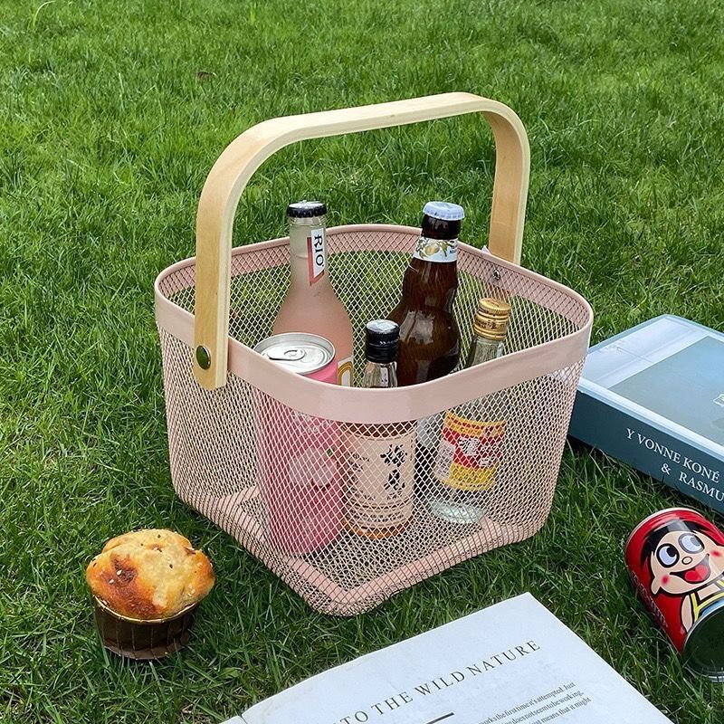 Metal Mesh Storage Basket with Wooden Handles (Square) (white)