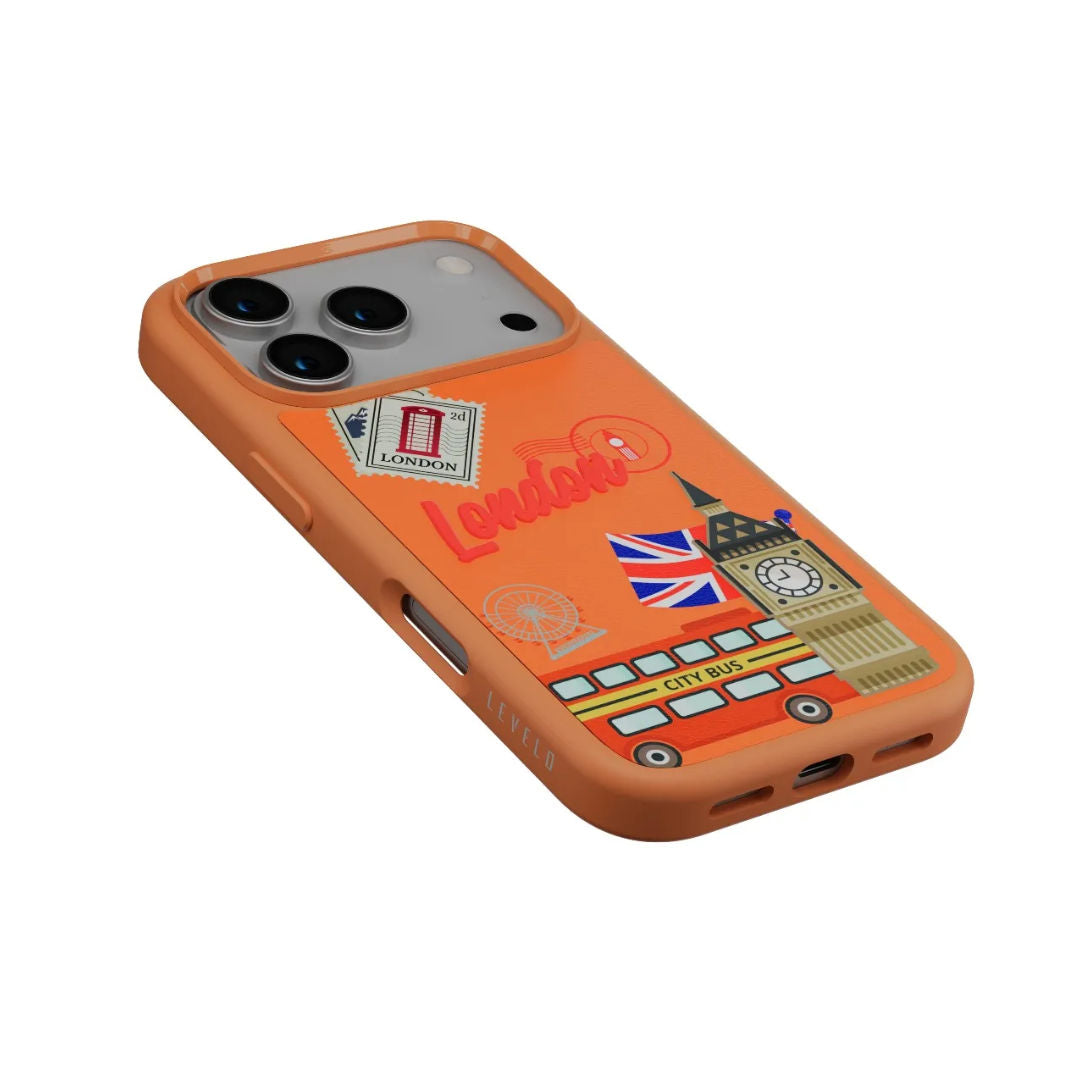 Levelo Vallo PU Leather Case for iPhone 17 Pro/Pro Max With London Embroidery Design
