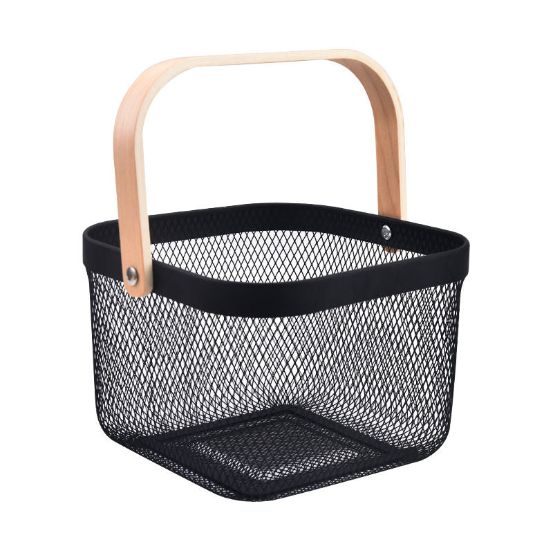 Metal Mesh Storage Basket with Wooden Handles (Square) (Black)