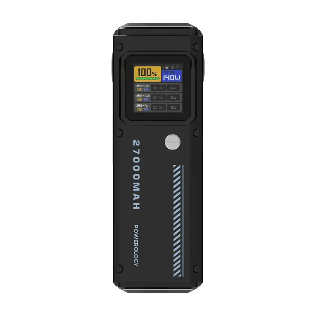 Powerology 27000mAh Smart Display Power Bank, Black, Compact & Portable