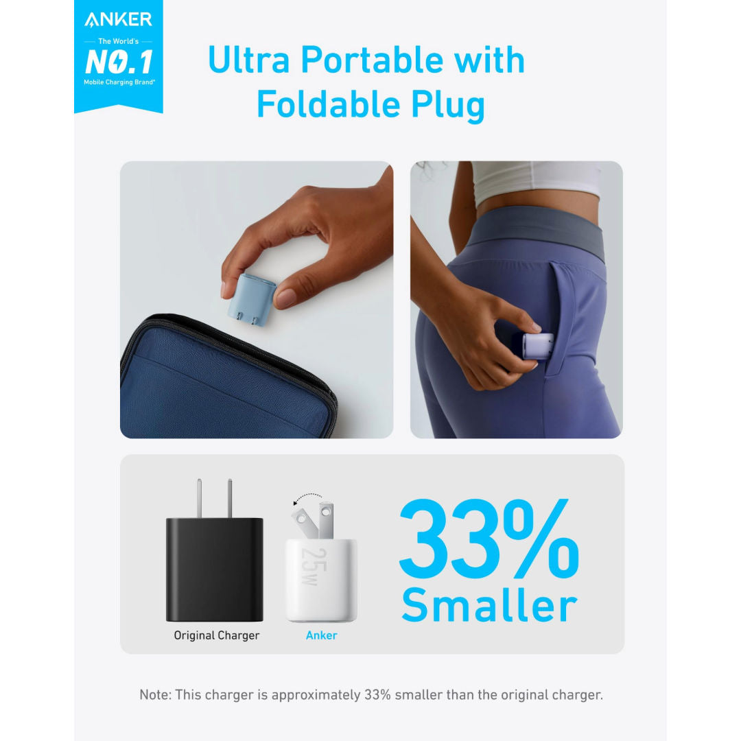 شاحن حائطي USB-C من Anker بشحن سريع بقوة 25 واط، محول طاقة صغير للهواتف الذكية