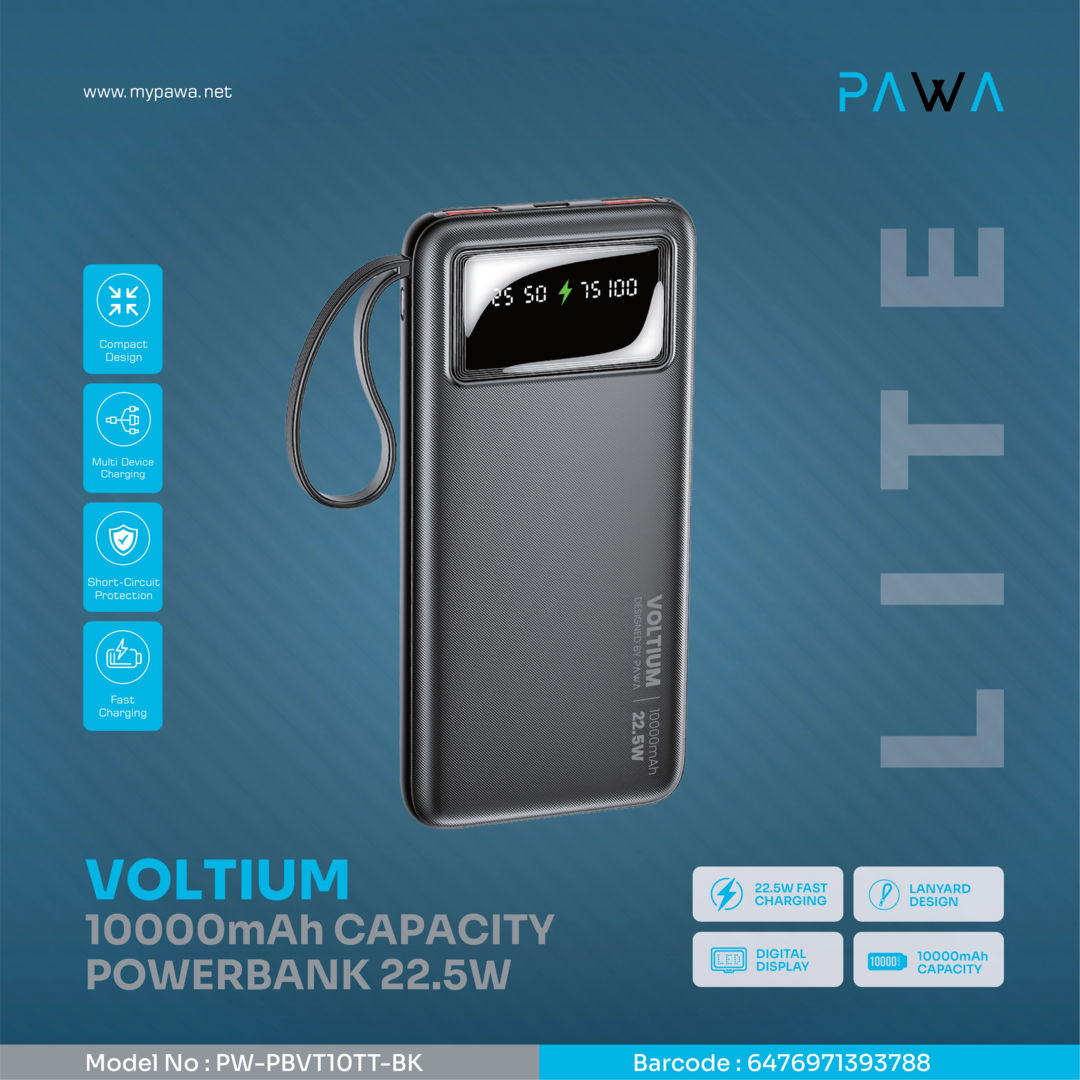 Pawa Lite Voltium 10000mAh Powerbank, Black