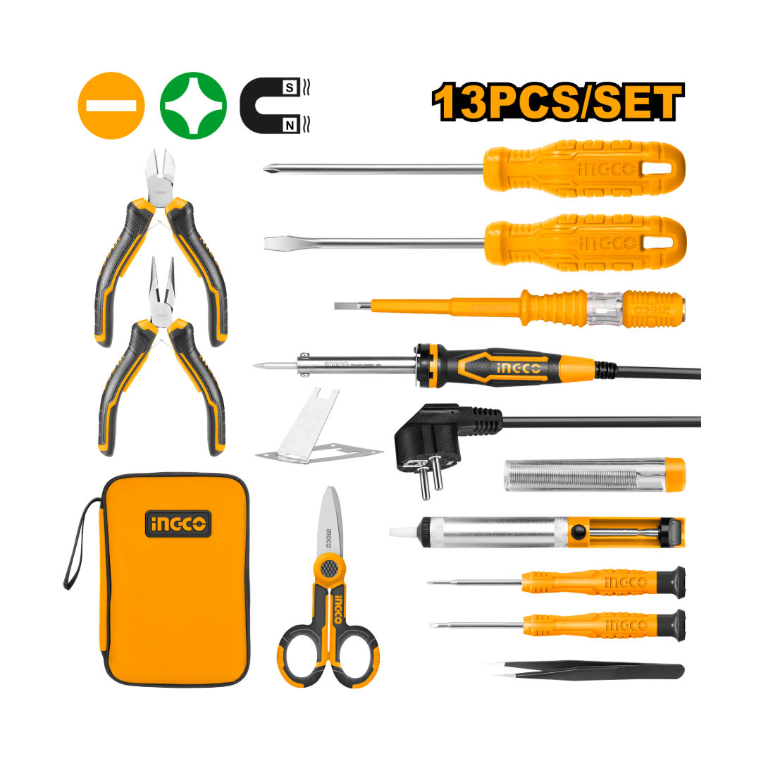 INGCO 13-Piece Telecom Tool Set, Soldering Iron, Precision Tools & Canvas Carry Bag, 220-240V