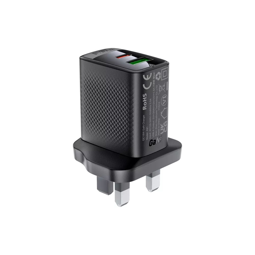 Acefast 30W GaN USB-C Power Delivery & USB Qualcomm 3-Pin UK Charging Plug, Black