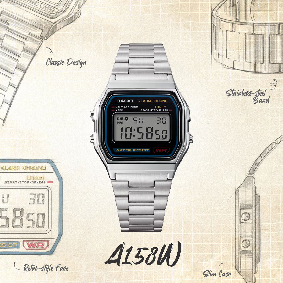 Casio Unisex Digital Grey Dial Watch, A158WA-1D