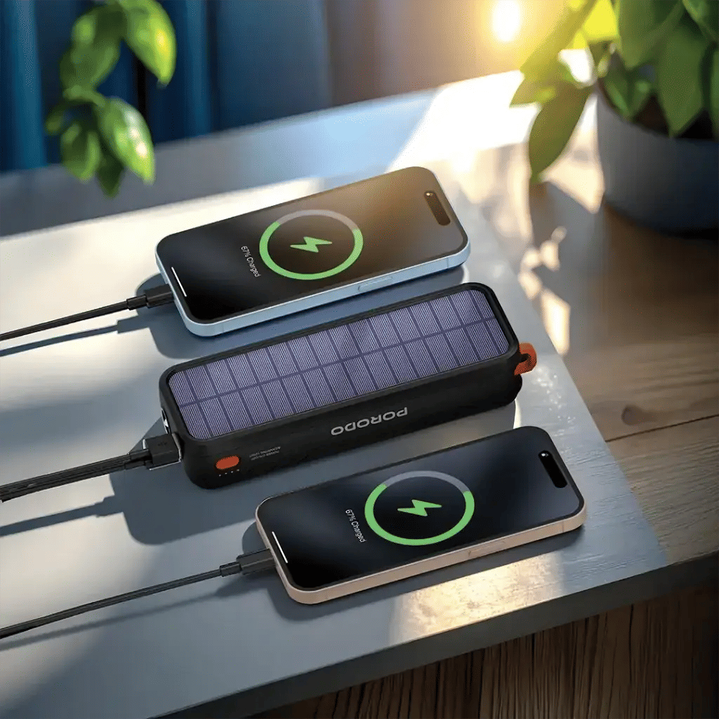 Porodo Solar-Powered 20000mAh Power Bank with Dual USB, LED Flashlight & Outdoor Design, Black