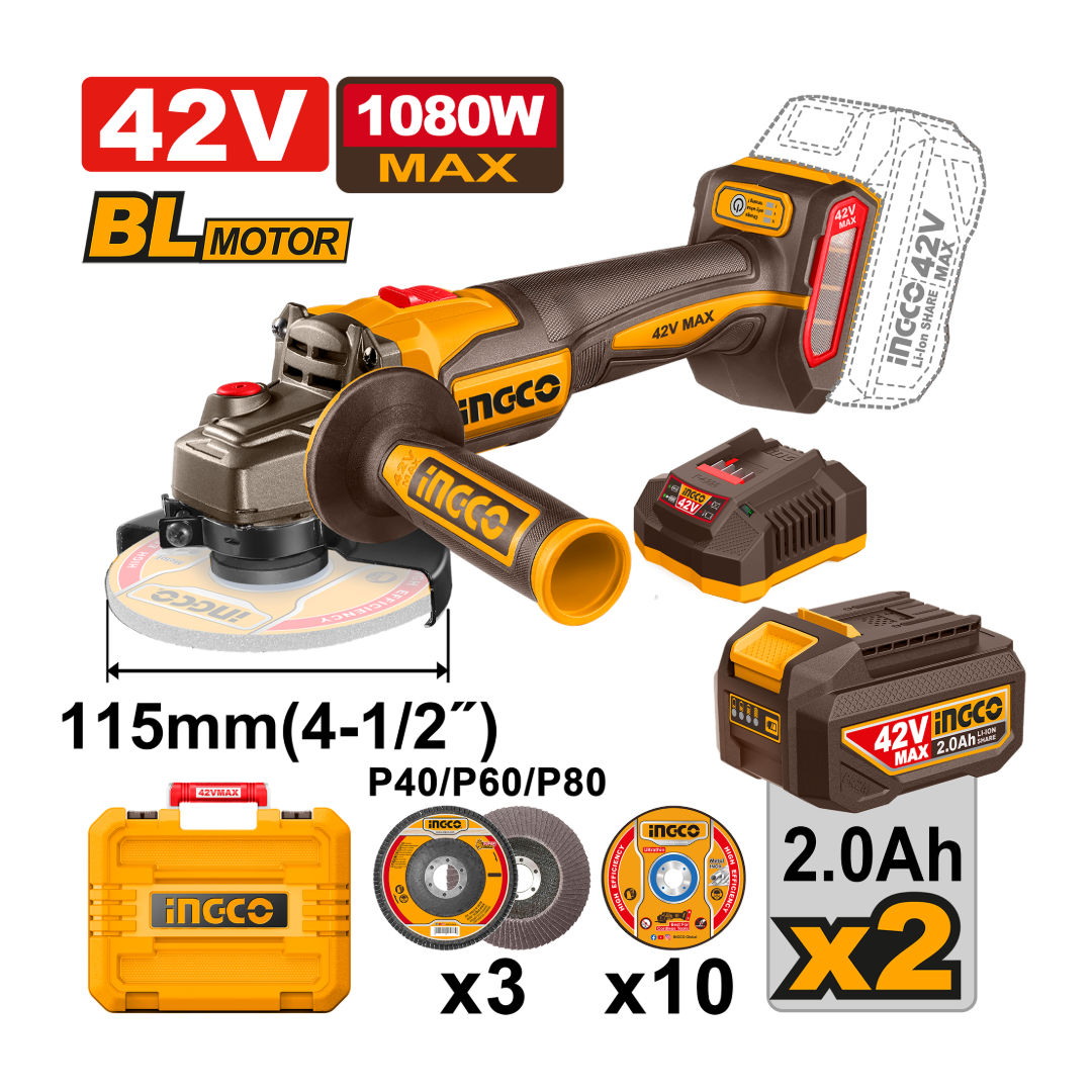 INGCO 42V Brushless Cordless Angle Grinder Kit, 115mm, 3-Speed, 3000/6000/9000 rpm, 2x2.0Ah Batteries, Discs & Charger