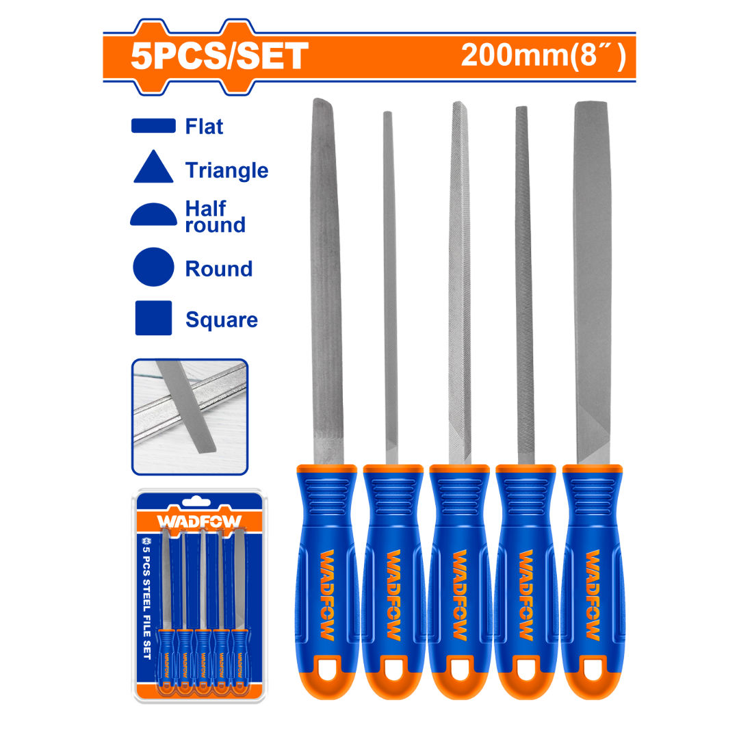 WADFOW 5-Piece Steel File Set, 200 mm, 8″, Flat / Half-Round / Round / Triangle / Square, T12 Steel, Double Blister