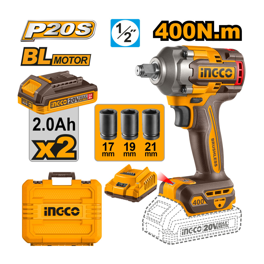 INGCO Cordless Impact Wrench, 20V, Brushless Motor, Integrated LED Work Light