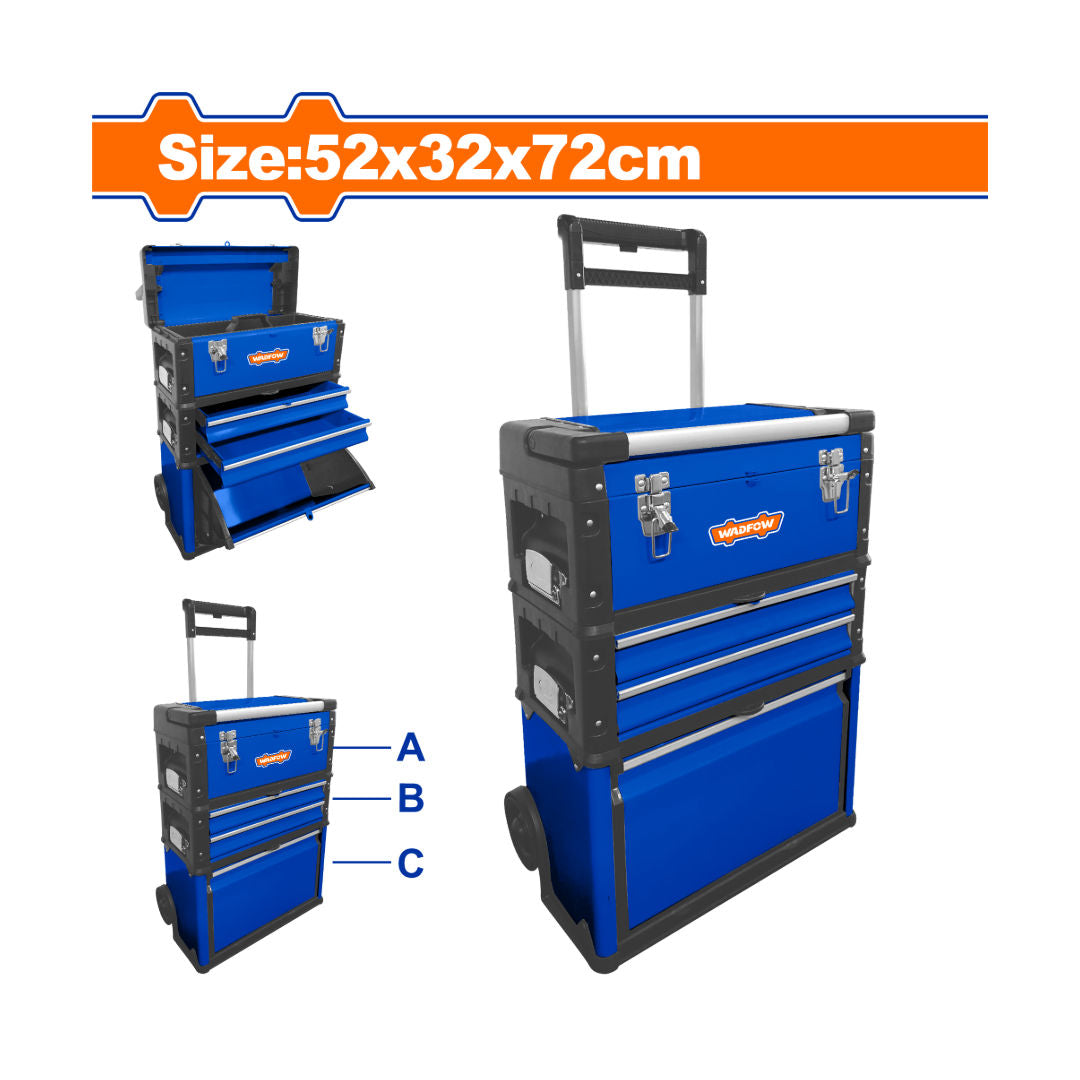 صندوق أدوات بعجلات من WADFOW، 3 في 1 قابل للتكديس من البولي بروبيلين/الفولاذ، مقبض تلسكوبي