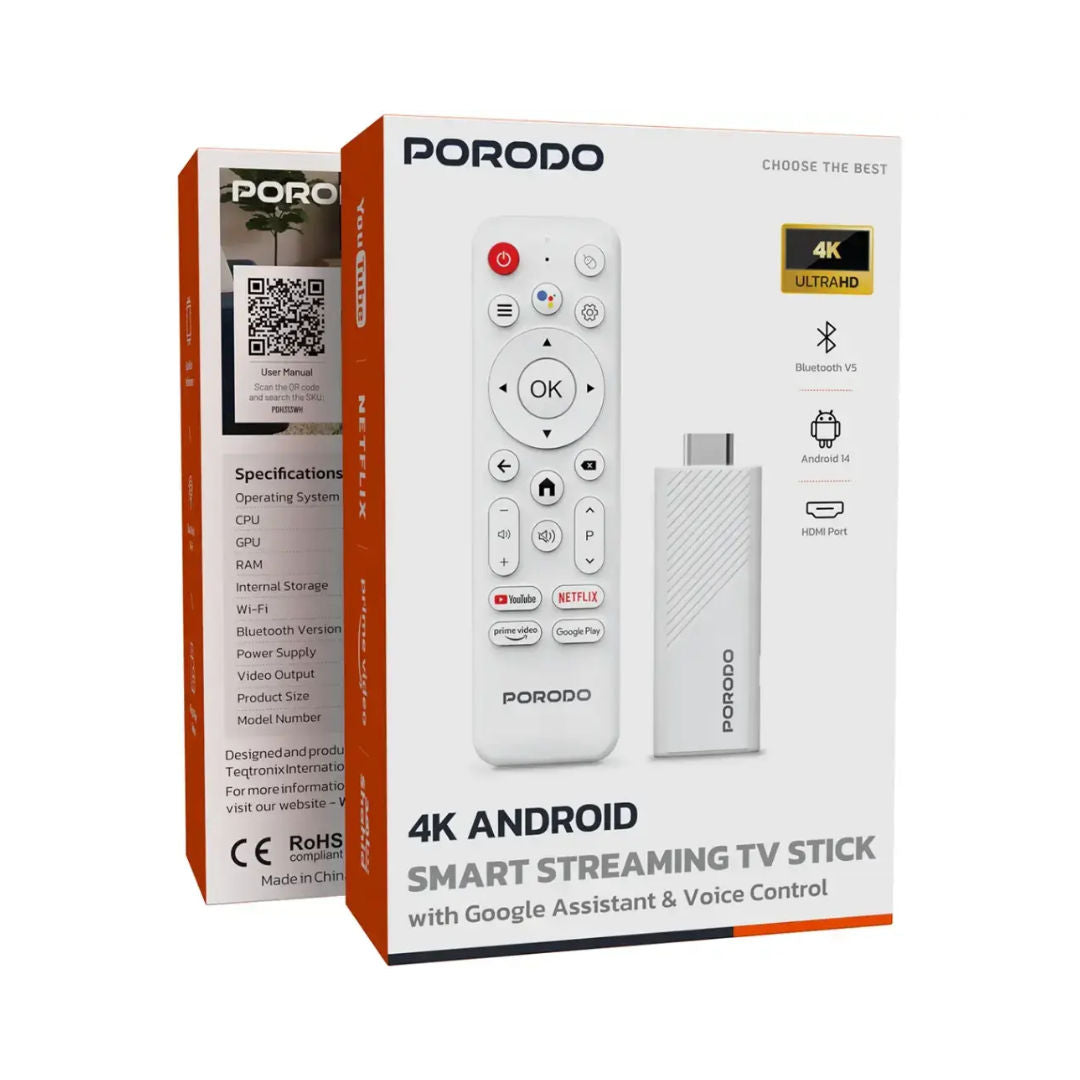 Porodo 4k Android Smart Streaming TV Stick with Google Assistant & Voice Control, White