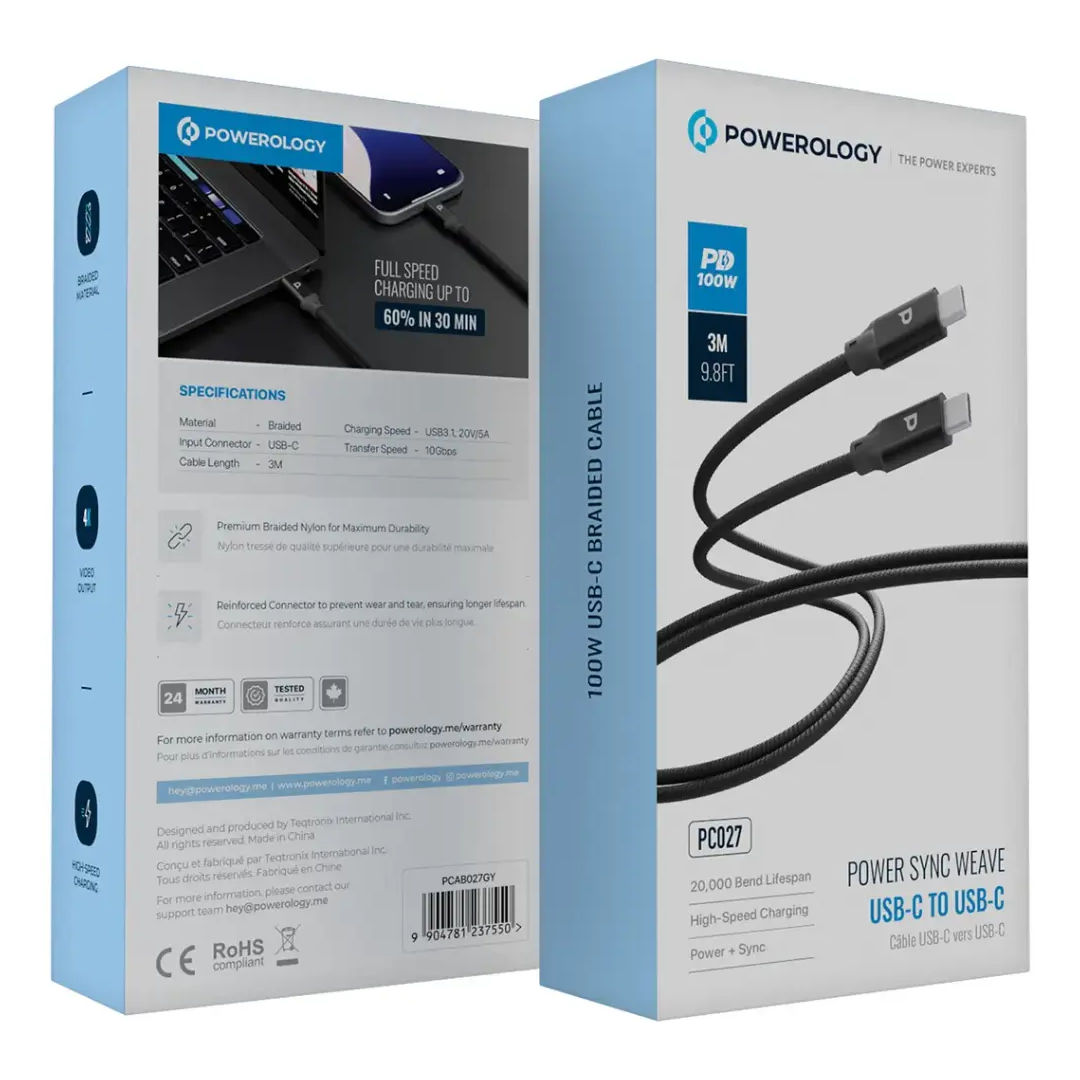 Powerology Power Sync Weave USB-C to USB-C Cable, PD 100W, 3M, Gray