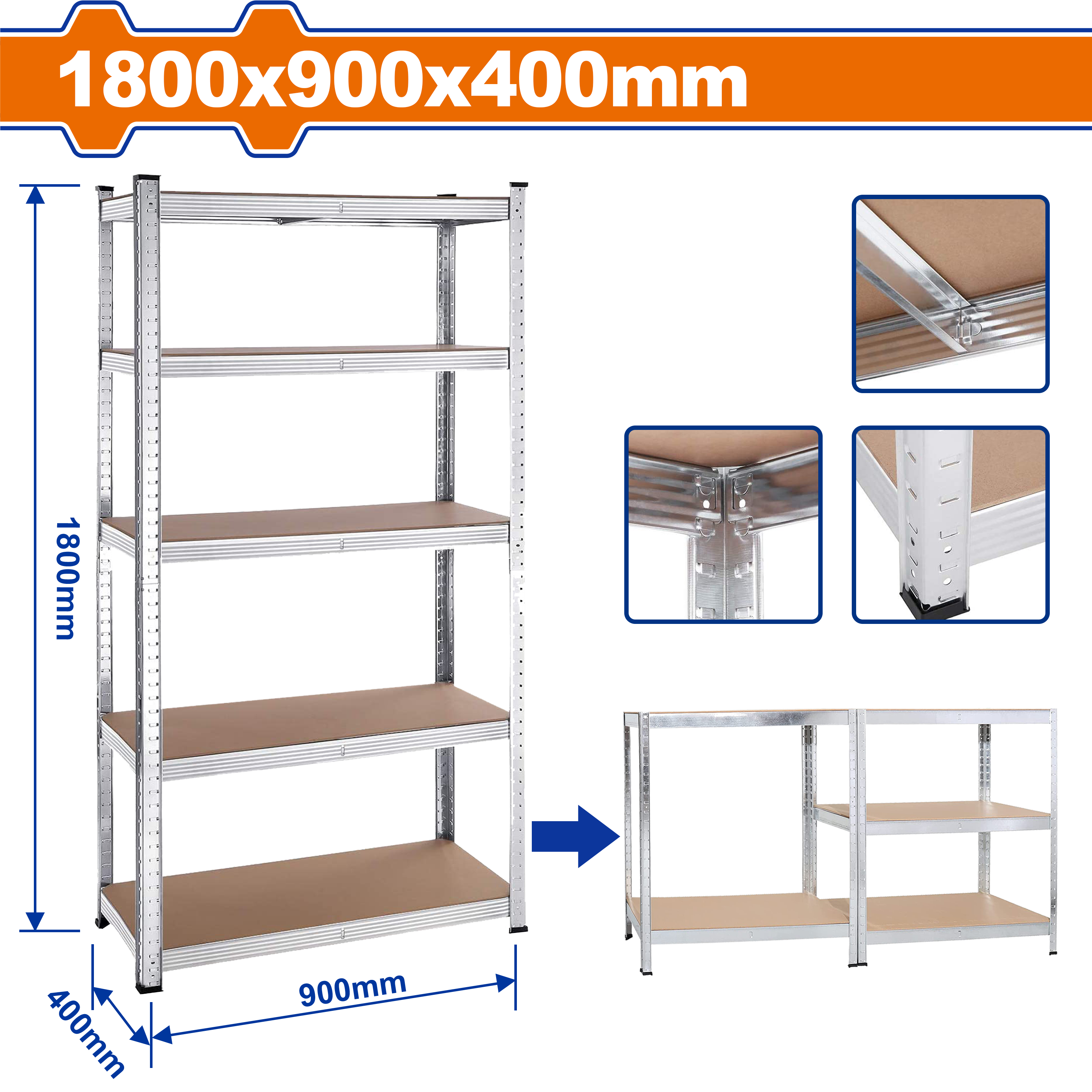 WADFOW 5-Tier Adjustable Storage Shelves, 900×400×1800 mm, 175 kg per Shelf, MDF & Galvanized Steel Frame