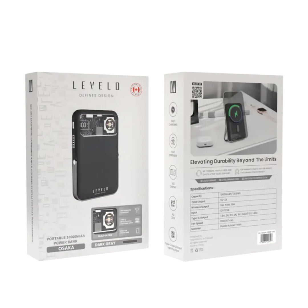 Levelo Osaka Portable 10000mAh Power Bank, Dark Grey