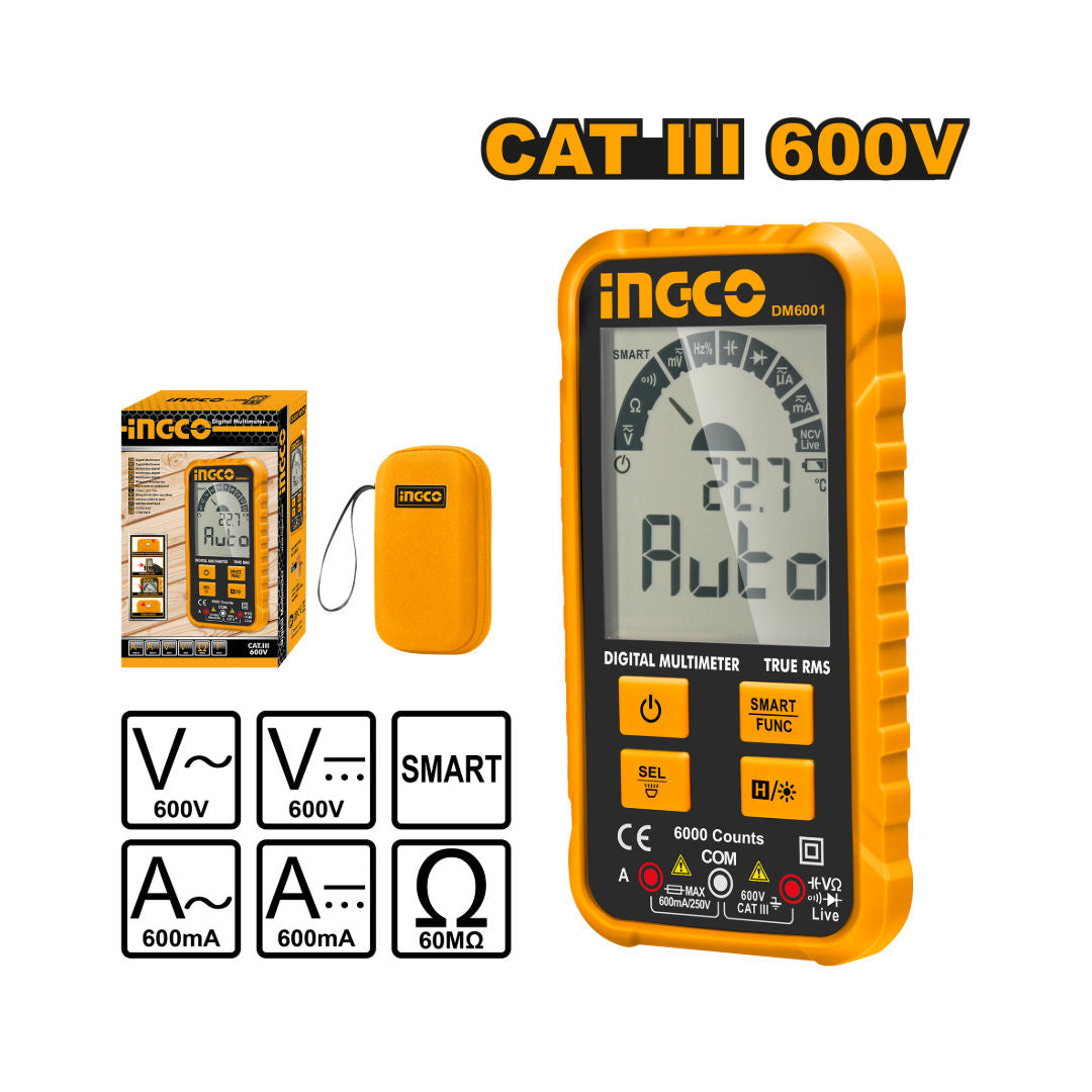 INGCO Digital Multimeter, 2000 Count / True RMS 6000 Count Variant, AC/DC Voltage & Current Tester with NCV, Data Hold & Auto Power Off