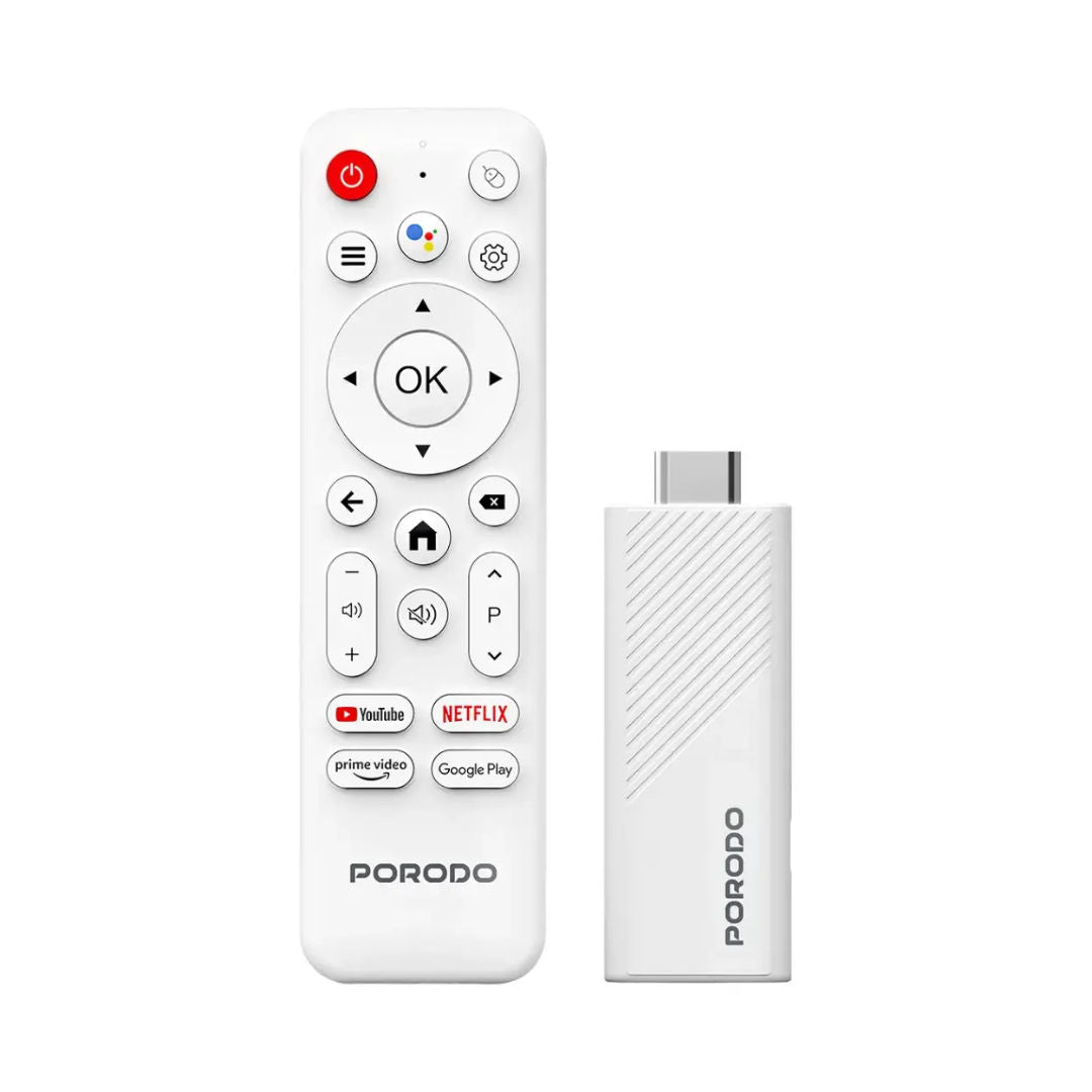 Porodo 4k Android Smart Streaming TV Stick with Google Assistant & Voice Control, White