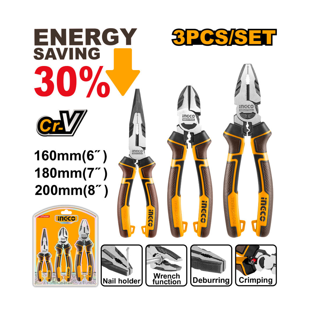 INGCO 3-Pieces High-Leverage Pliers Set, Cr-V Steel