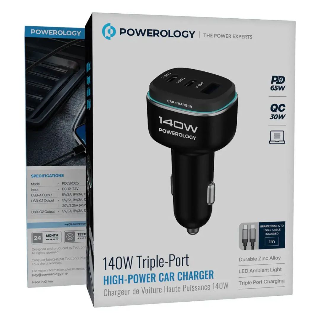 Powerology 140W, Triple-Port High-Power Car Charger, Black/Grey