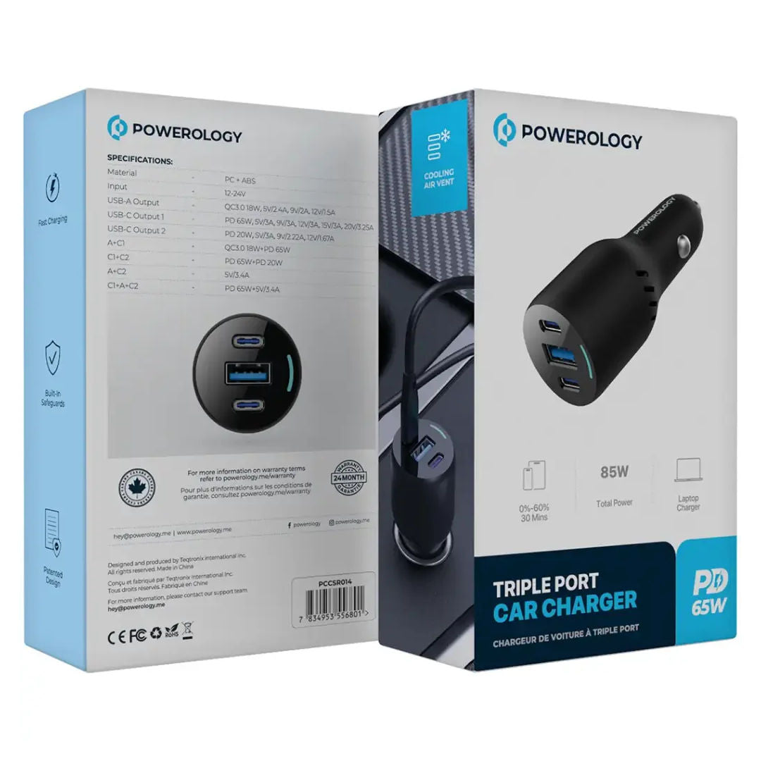 Powerology PD65W + PD20W + QC18W, LED Triple Ports Car Charger, Black