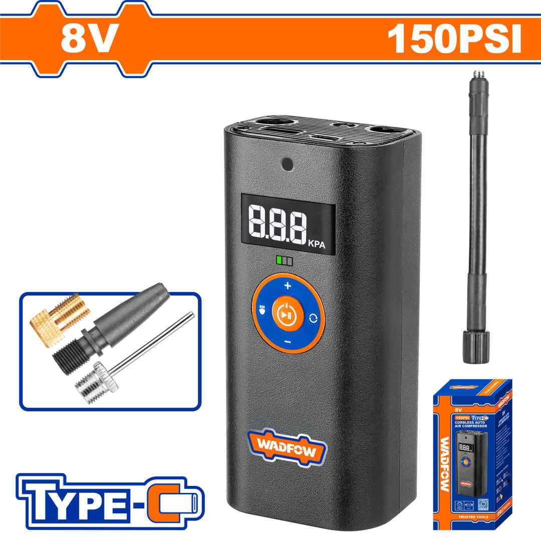 WADFOW Cordless Auto Air Compressor 8V, 150 PSI, USB-C Rechargeable