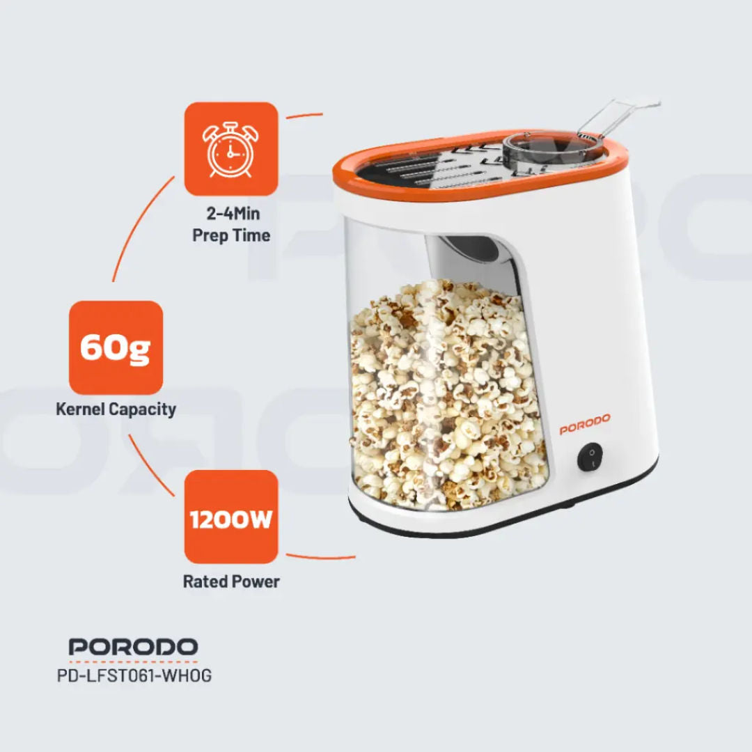 Porodo Lifestyle Air-Popped Popcorn Maker, White/Orange