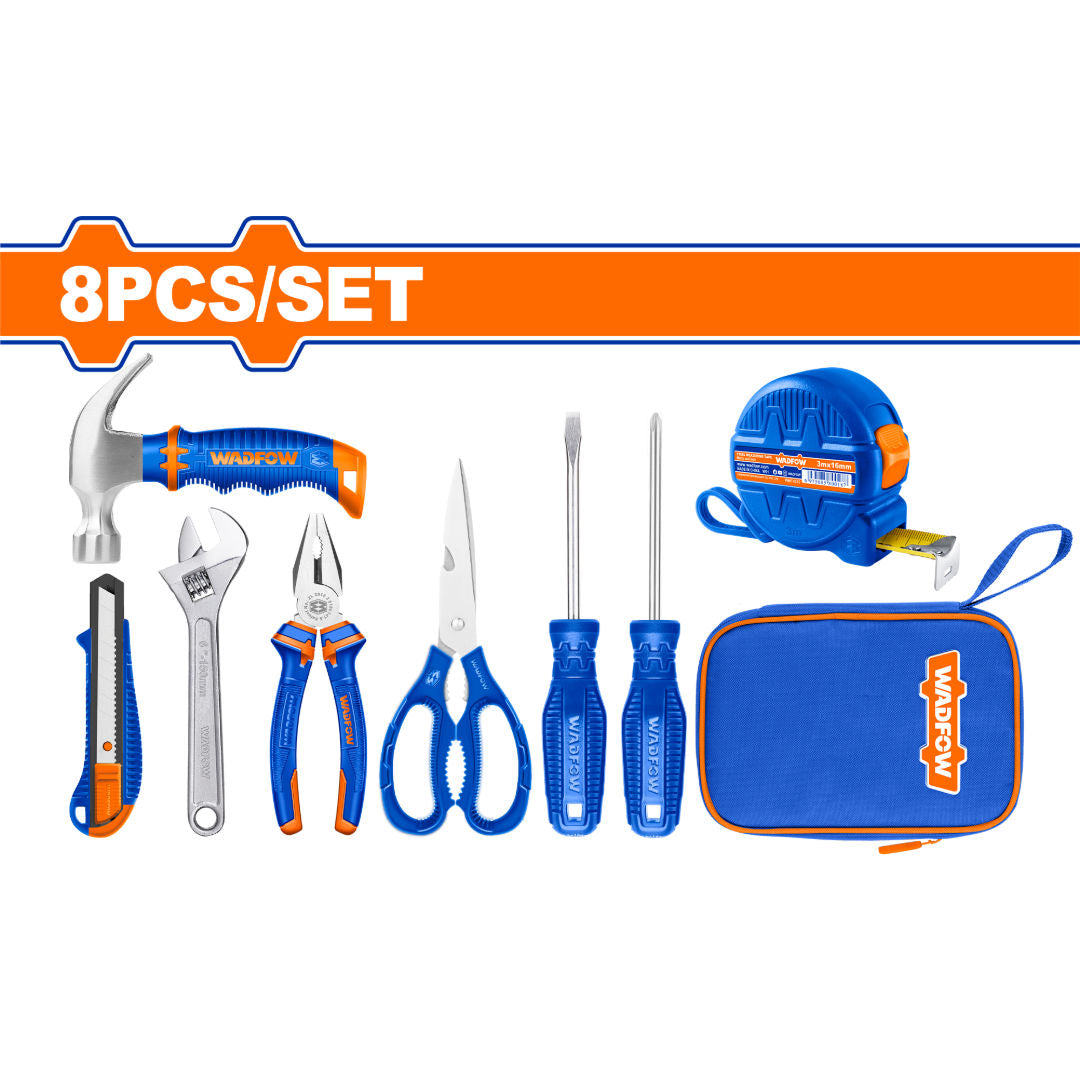 WADFOW 8-Piece Hand Tools Set with Canvas Bag, Pliers, Wrench, Hammer, Screwdrivers & Measuring Tape