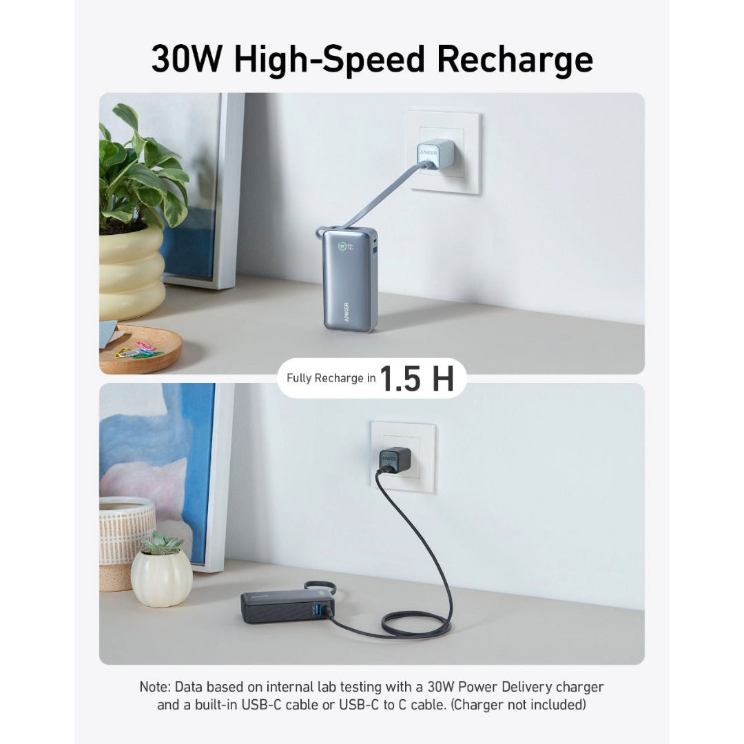 شاحن محمول Anker Nano، 30 واط، مزود بكابل USB-C مدمج، أسود، A1259H11