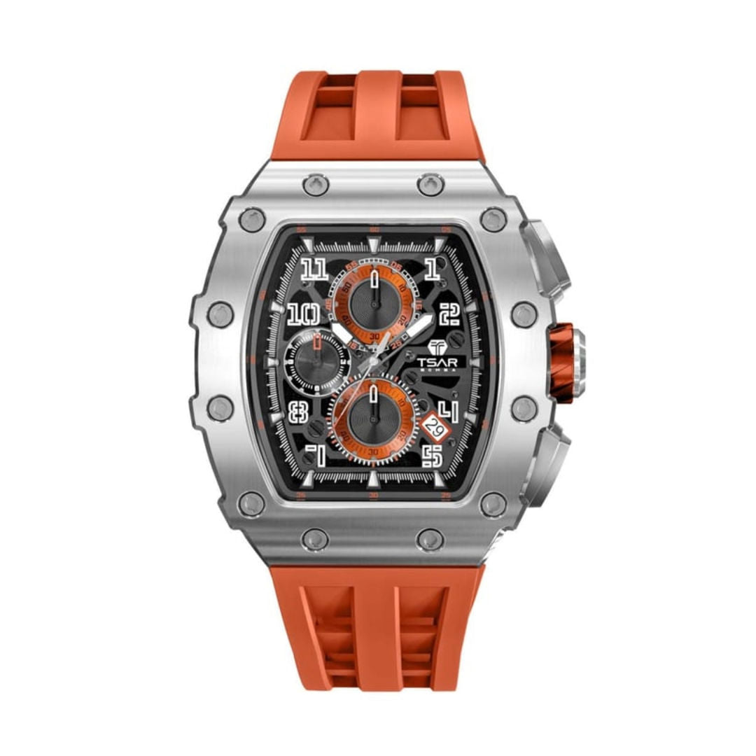TSAR Bomba Men's Quartz Silver Case Orange Silicon Band Watch
