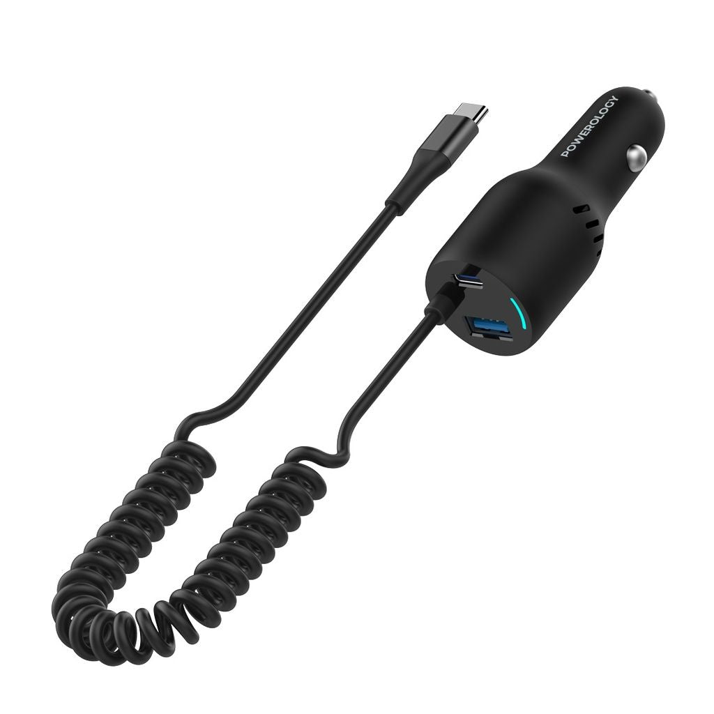 Powerology Triple Ports Car Charger, PD100W+QC18W+Type CCable 20W LED Dual Ports Car Charger With Coiled Cable, Black