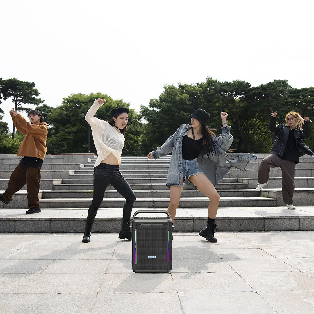 Powerology Karaoke Party Speaker, 300W Max Output, Bluetooth V5.3, 30000mAh Battery, Silver