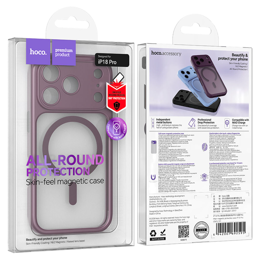 Hoco Plain Magnetic Protective Case for iPhone 18 Pro, All-Round Protection, Smooth & Silky