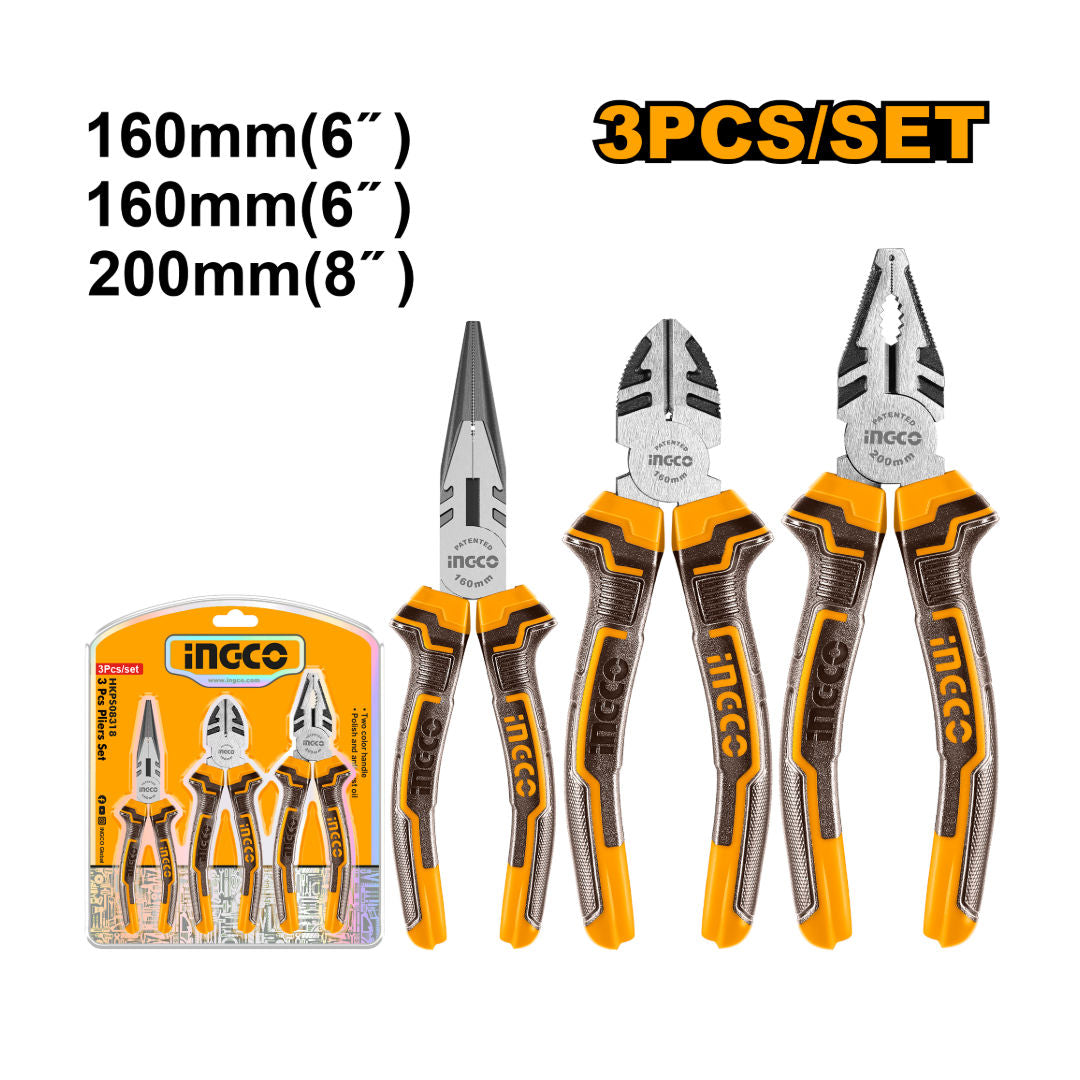 INGCO 3-Pcs Pliers Set, 8" Combination, 6" Long Nose, 6" Diagonal; Polished, Anti-Rust