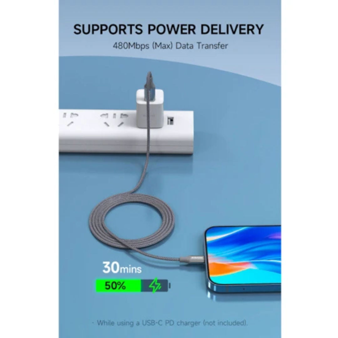 Romoss USB-C To Lightning Data Charging Nylon Braided Cable, 3A, Gray