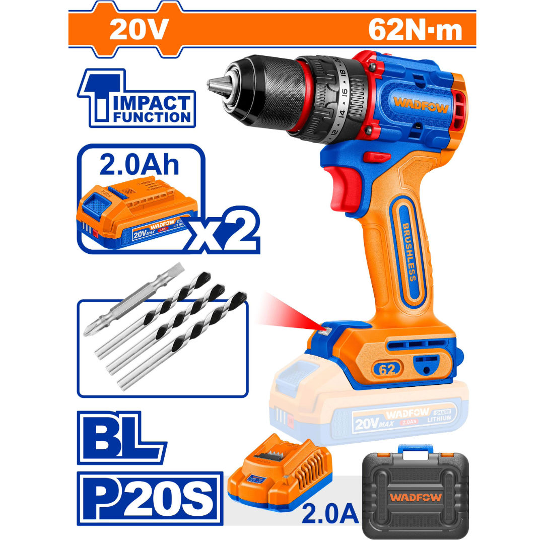 WADFOW 20V Brushless Compact Impact Drill, LED Light