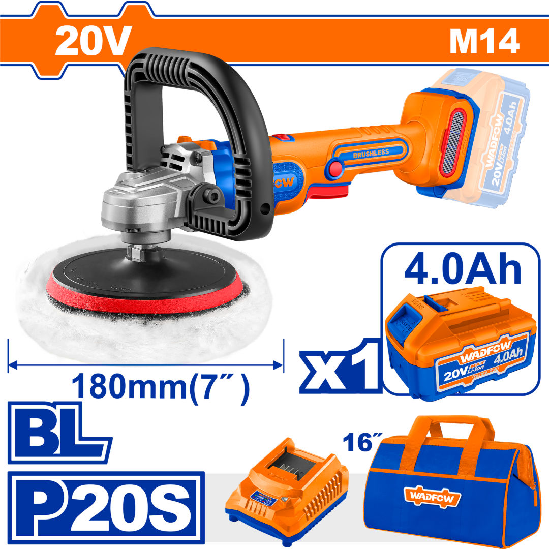 مجموعة أدوات تلميع لاسلكية بدون فرش WADFOW 20V، 180 مم، 400-2500 دورة في الدقيقة، مقبض على شكل حرف D