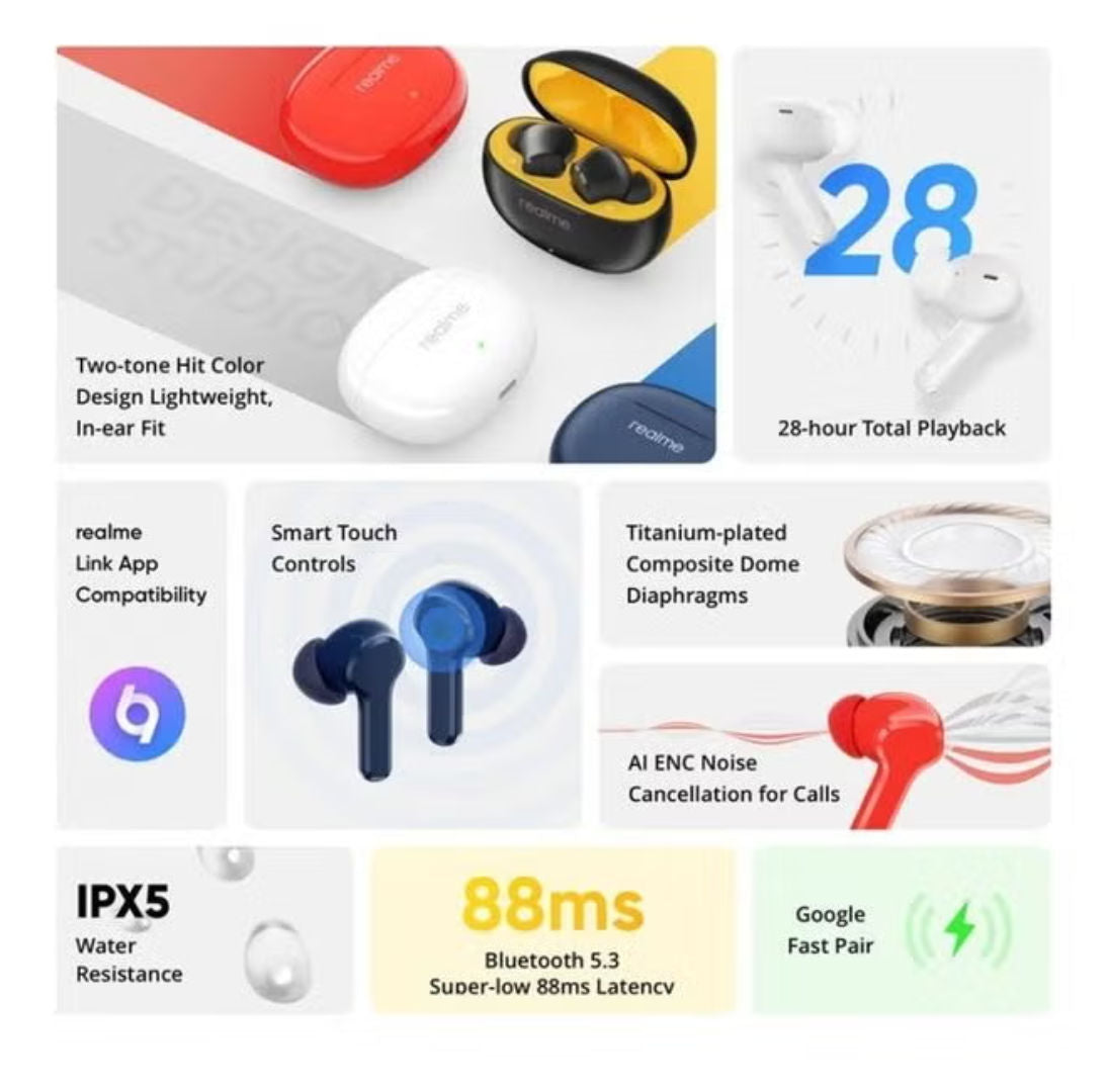 Realme T100 Buds True Wireless Earbuds with AI Environmental Noise Cancellation, White