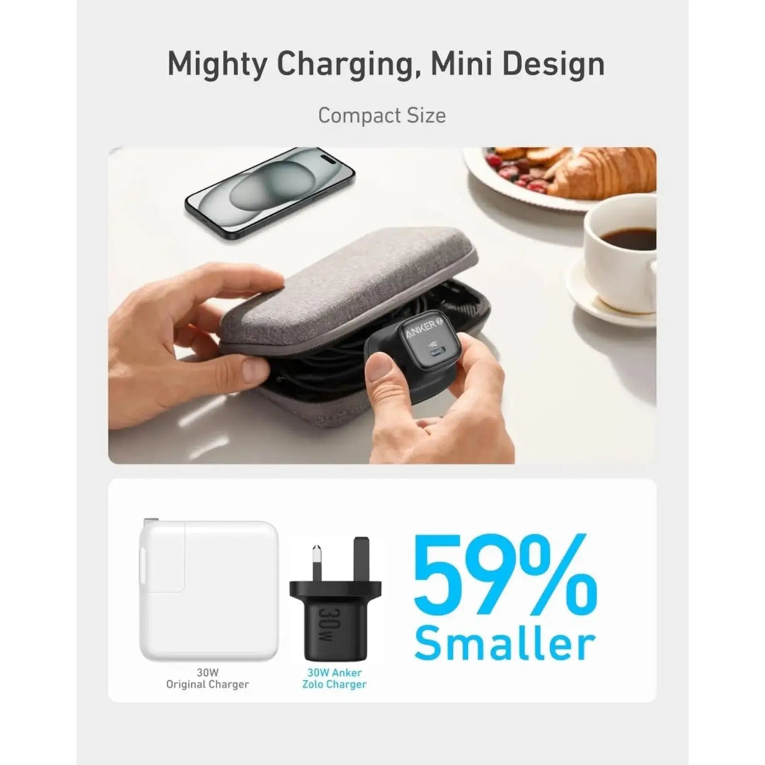 محول شحن سريع صغير الحجم Anker Zolo 30 واط PD 3.0 USB-C GaN II، أسود