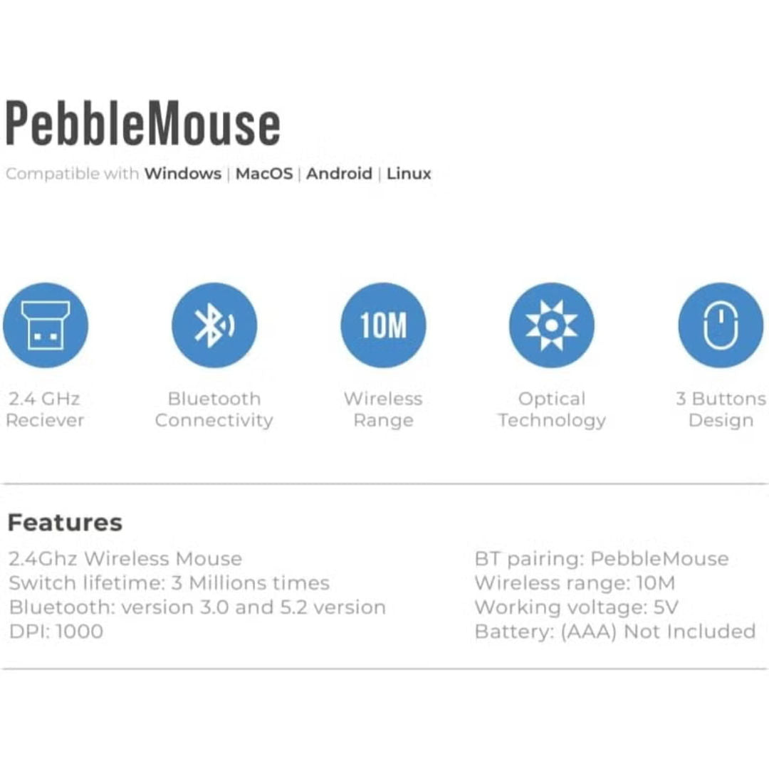 Blupebble Pebble Silent Wireless Mouse Dual Mode Bluetooth & 2.4GHz USB Receiver, Black